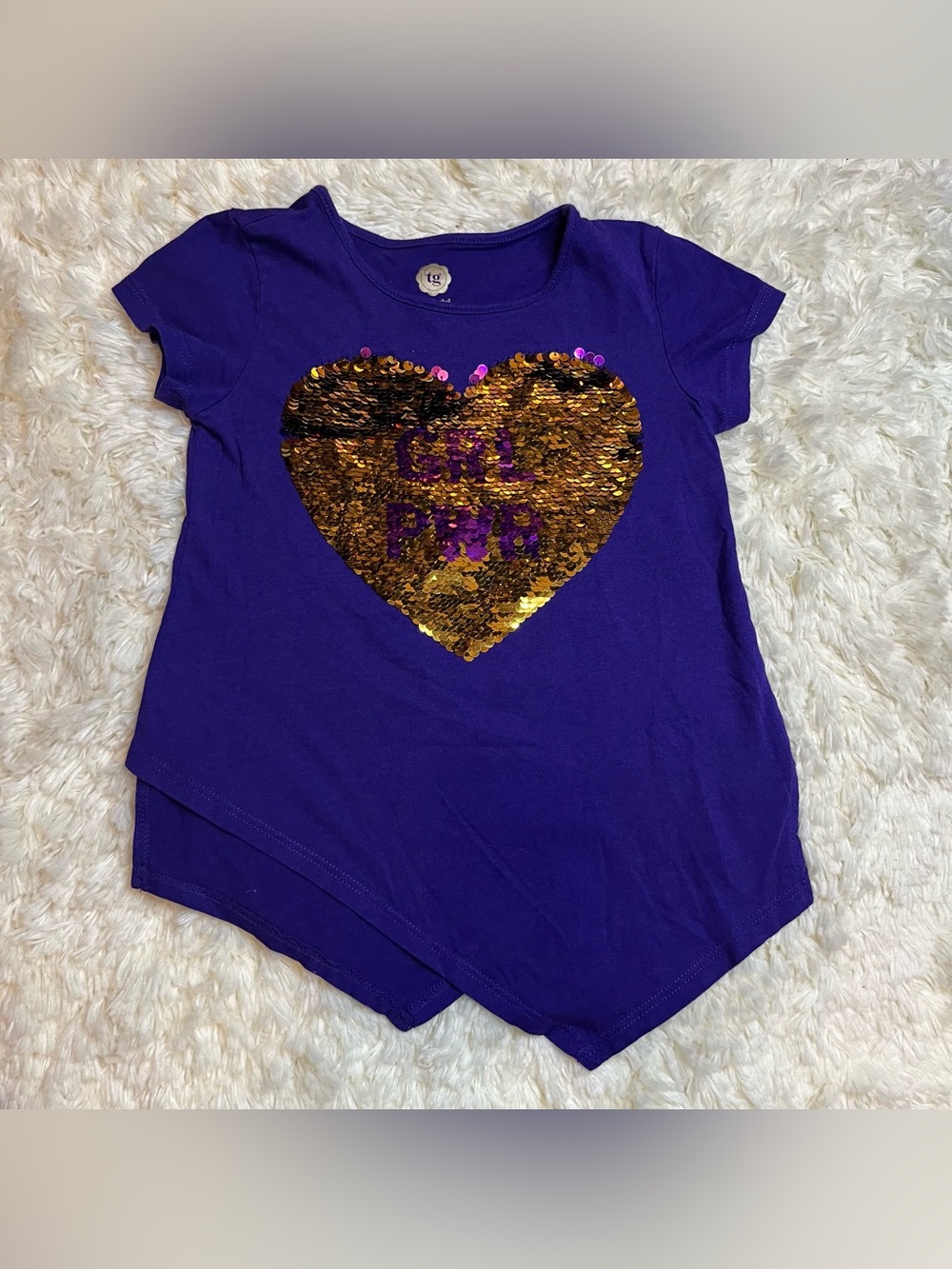 Total Girl Purple Tee Girls Size 4 Gold Sequin Heart Short Sleeve